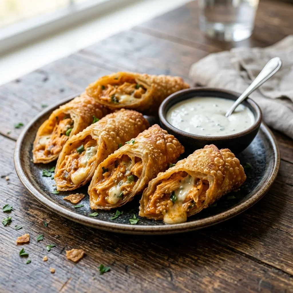 Crispy Buffalo Chicken Egg Rolls served as an appetizing snack