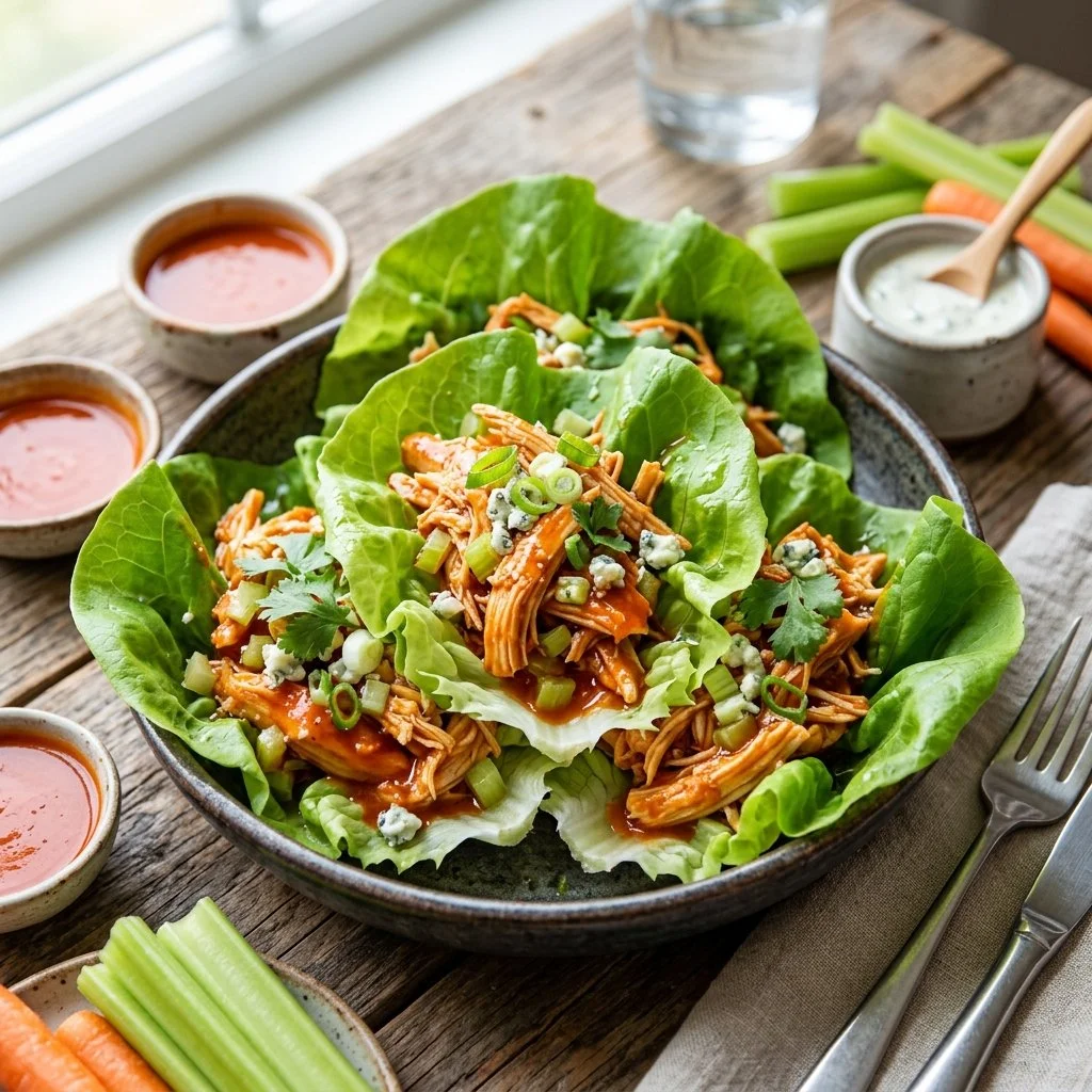 Buffalo Chicken Lettuce Wraps with fresh ingredients and spicy sauce
