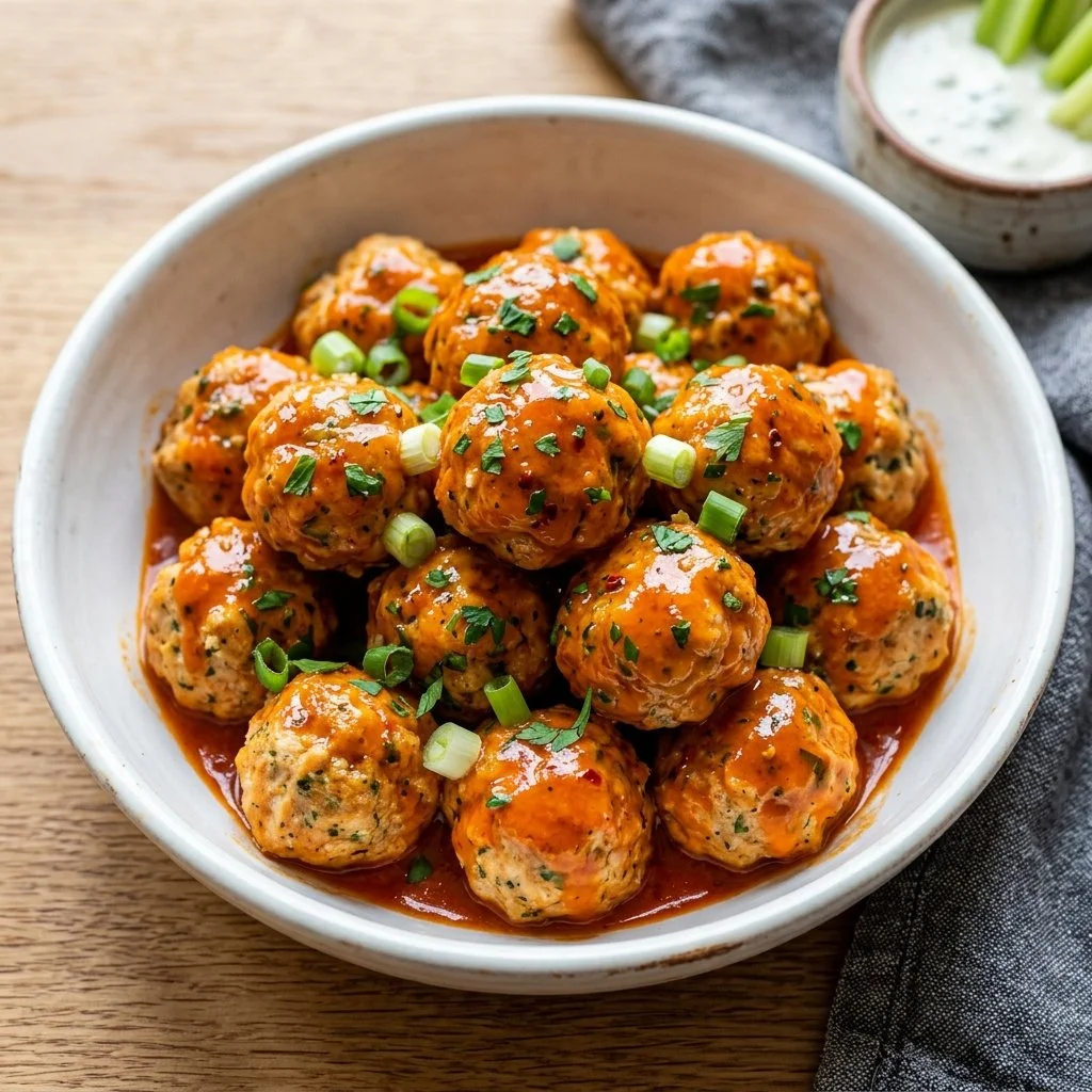 Delicious Buffalo Chicken Meatballs served with a side of dipping sauce