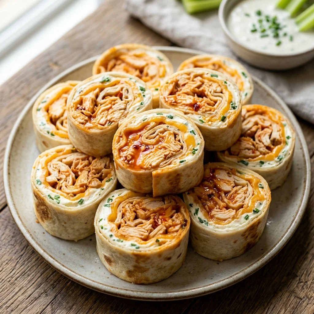 Buffalo Chicken Pinwheels on a platter garnished with fresh herbs