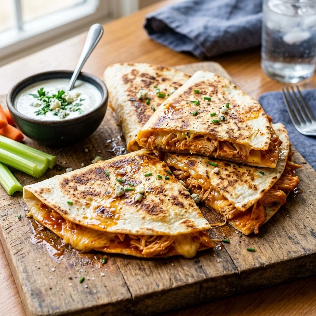 Buffalo Chicken Quesadillas with melted cheese and spicy sauce