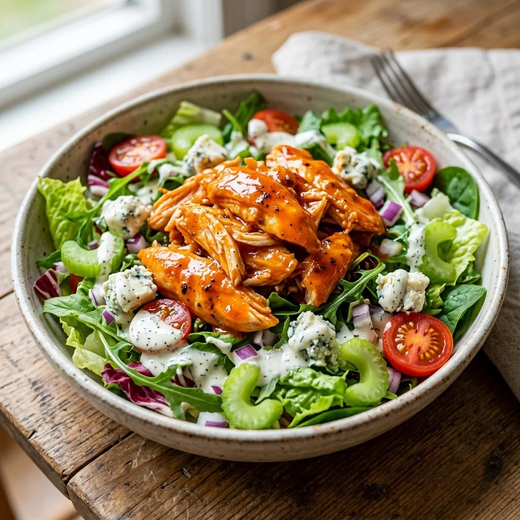 Delicious Buffalo Chicken Salad with spicy chicken and fresh vegetables