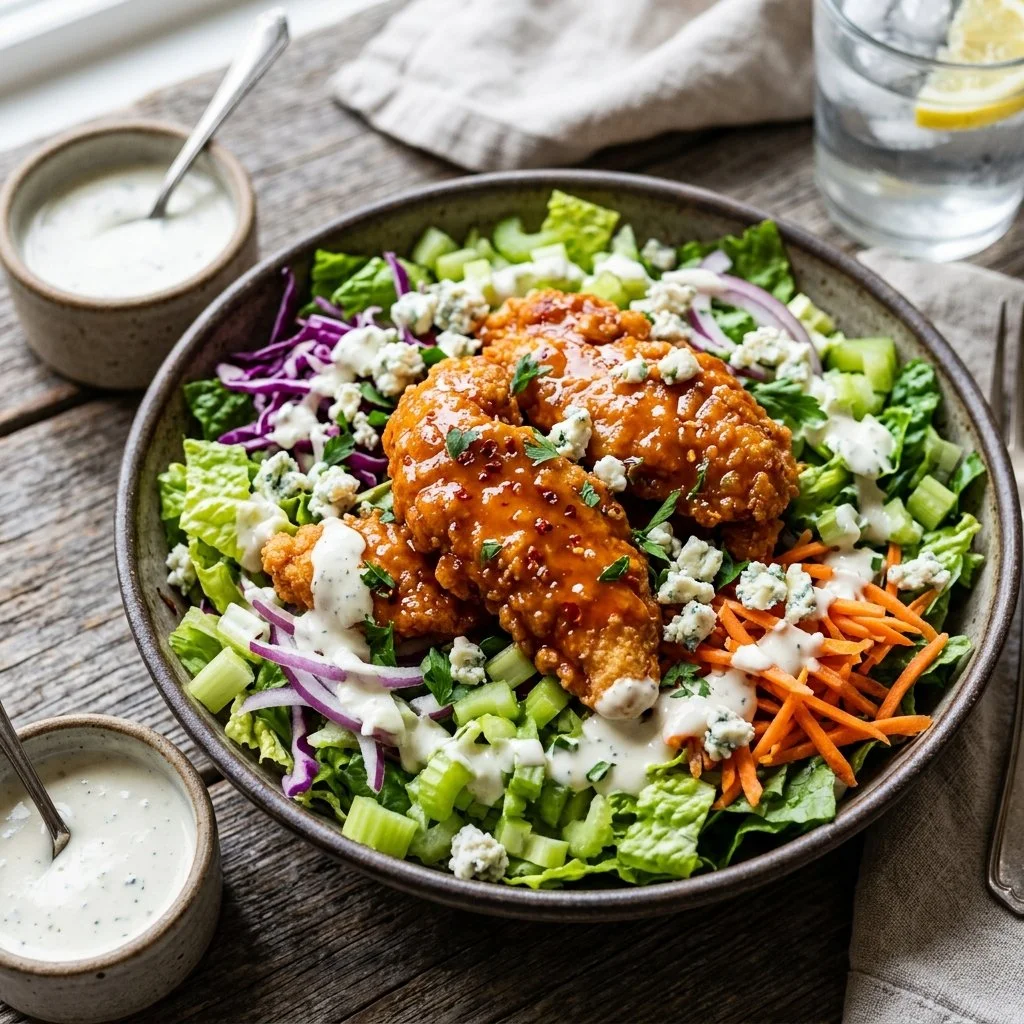 A fresh Buffalo Chicken Salad topped with spicy chicken, crisp greens, and blue cheese