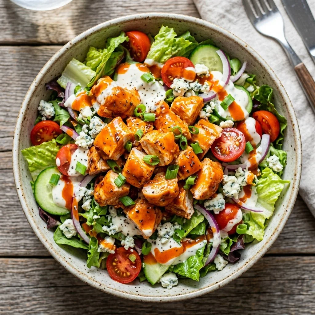 Buffalo Chicken Salad with vibrant greens and spicy chicken