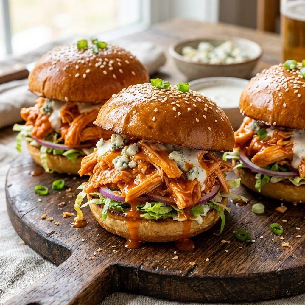Buffalo Chicken Sliders served on a platter with fresh toppings