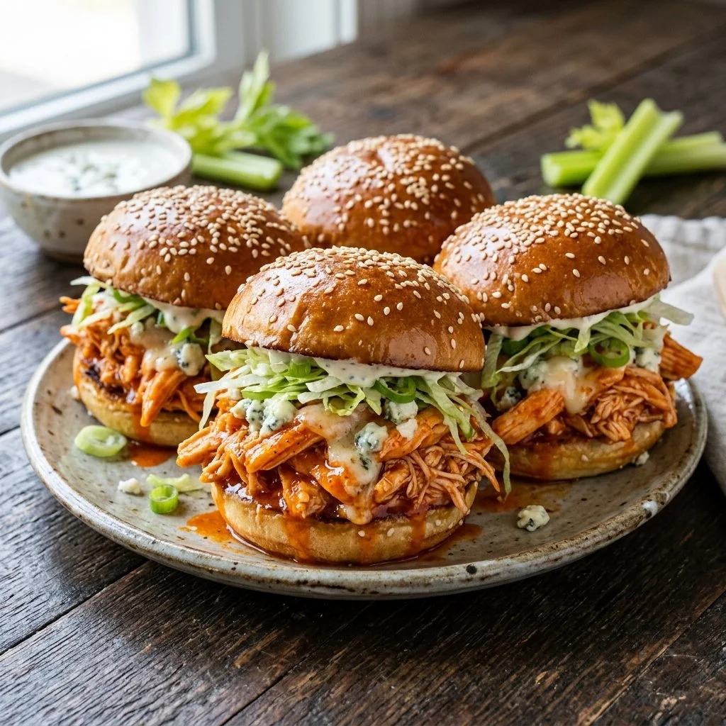 Buffalo Chicken Sliders served on a platter with dipping sauce