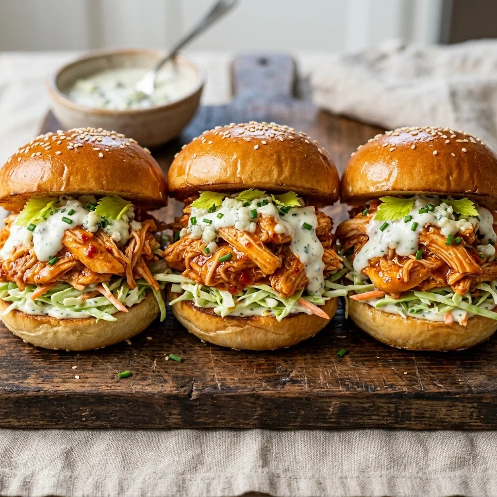 Spicy Buffalo Chicken Sliders served on a platter