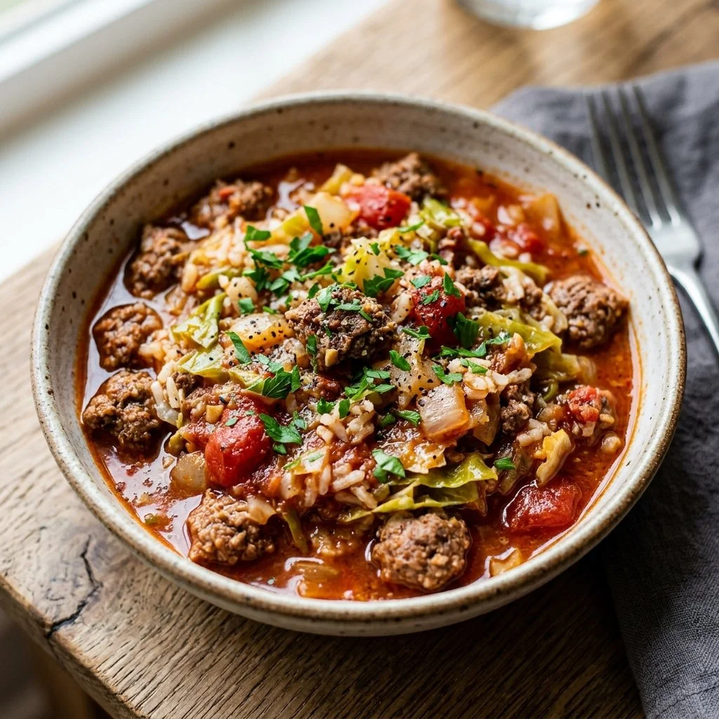 Savory cabbage roll bowls filled with rice, meat, and spices, topped with sauce.