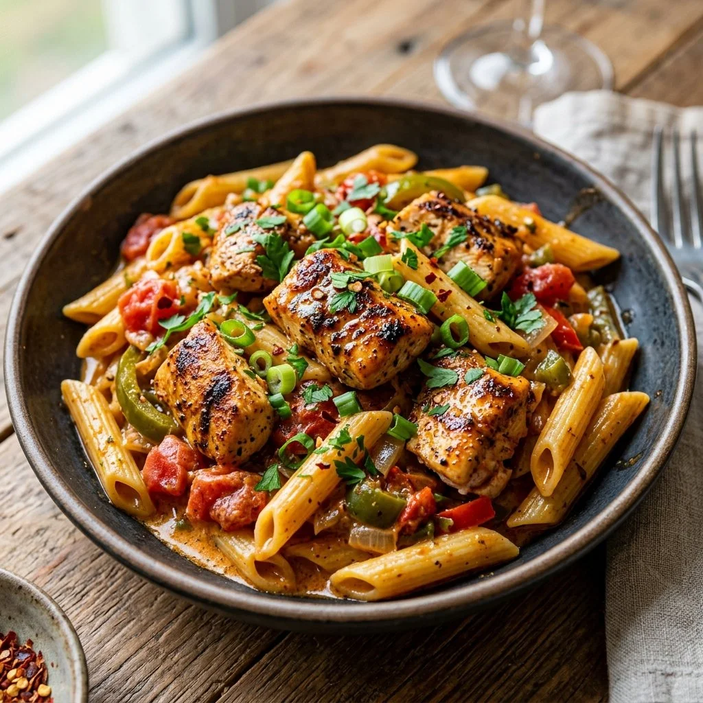 Plate of Cajun Chicken Pasta with spices and creamy sauce