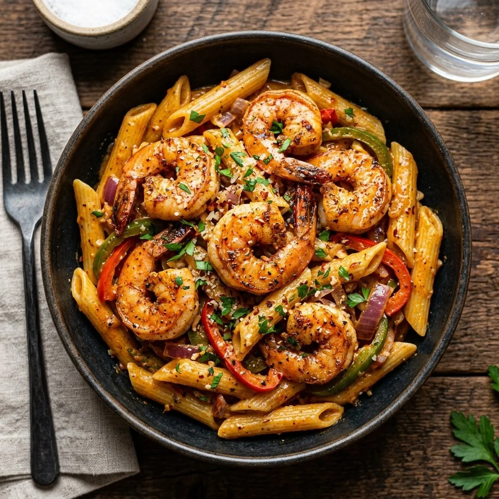 Delicious plate of Cajun shrimp pasta garnished with herbs