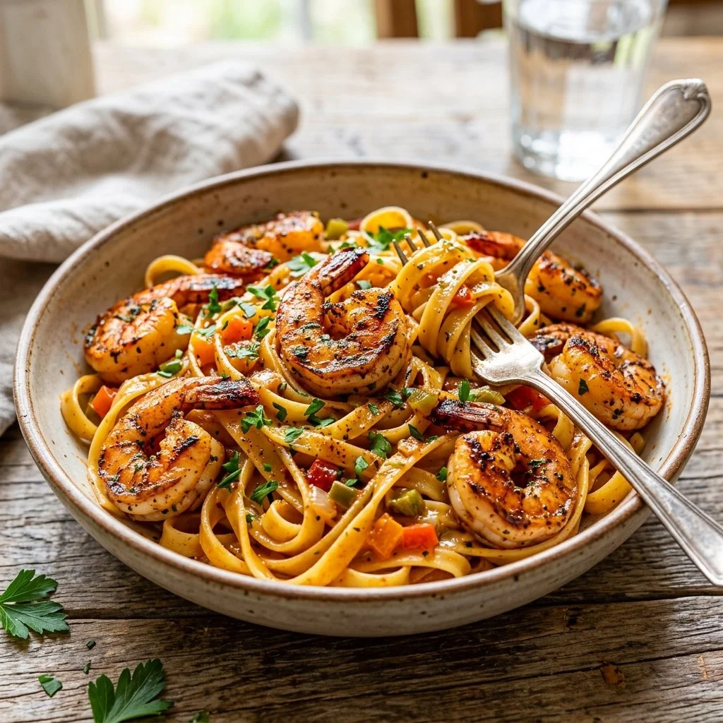 Plate of Cajun Shrimp Pasta with shrimp, spices, and pasta