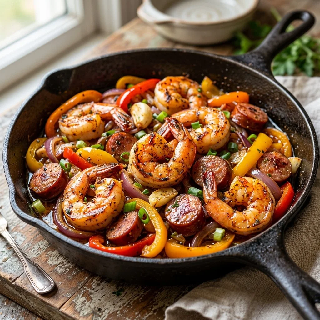 Delicious Cajun shrimp skillet dish served in a cast-iron pan
