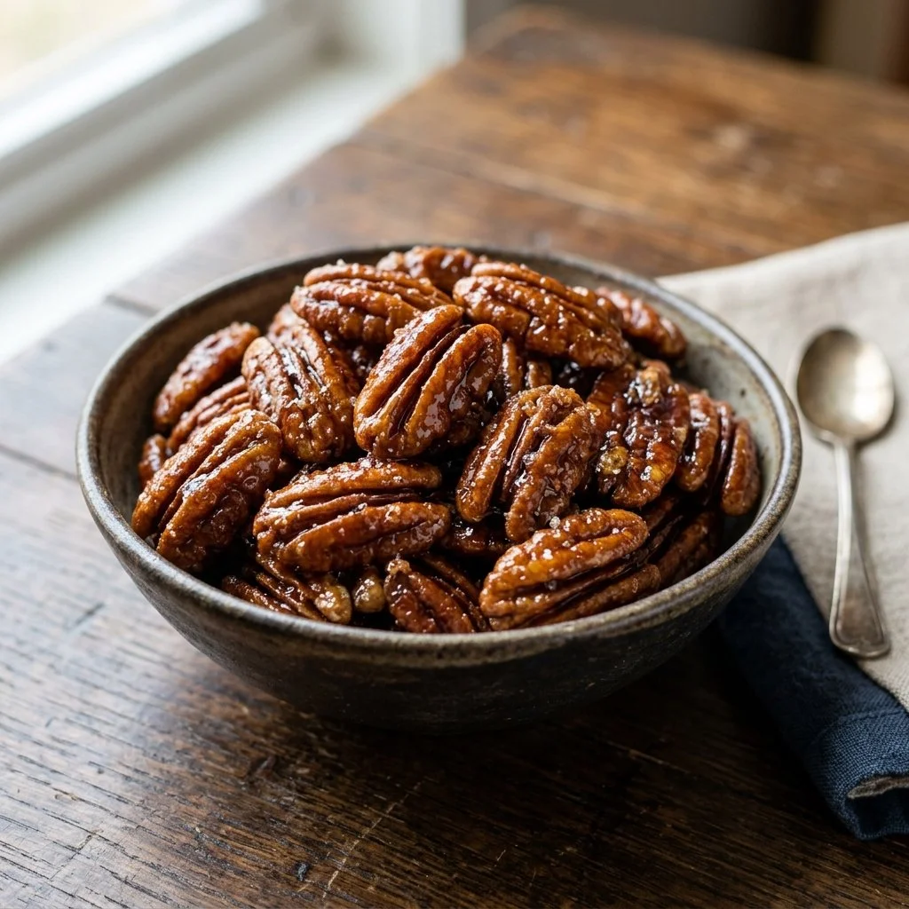 Bowl of homemade candied pecans for snacking or dessert topping