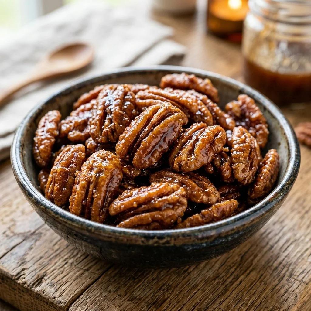 Bowl of sweet candied pecans ready to be enjoyed as a snack or dessert