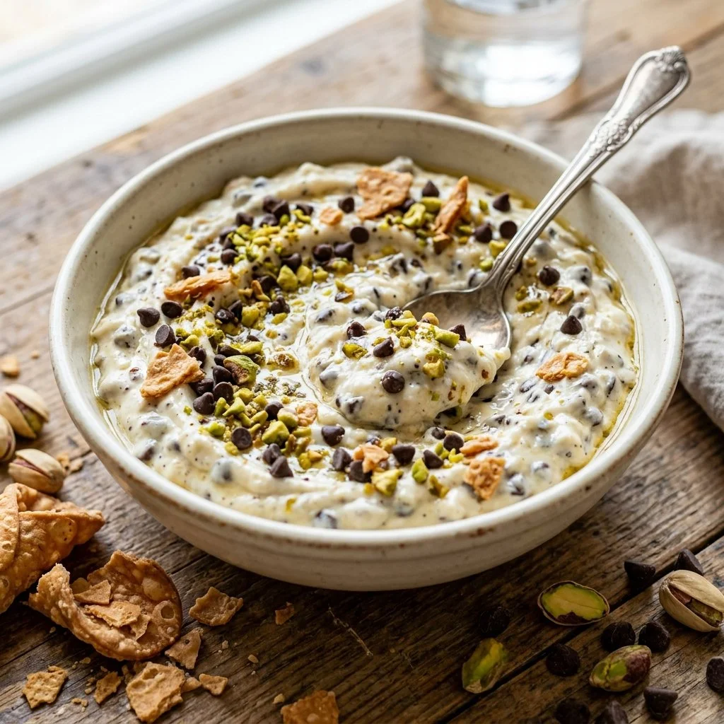 Delicious cannoli dip served with crispy wafers and chocolate sprinkles