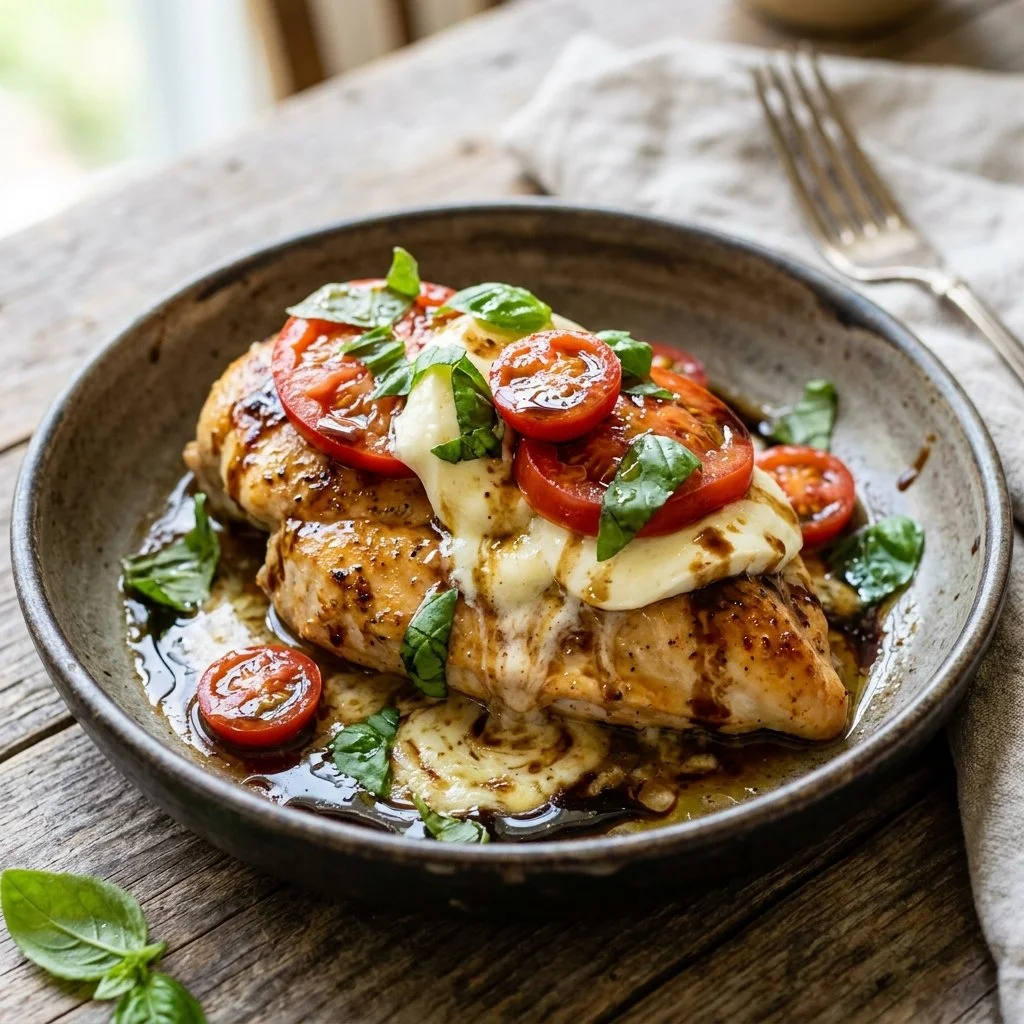 Deliciously layered Caprese Chicken with mozzarella, tomatoes, and basil.