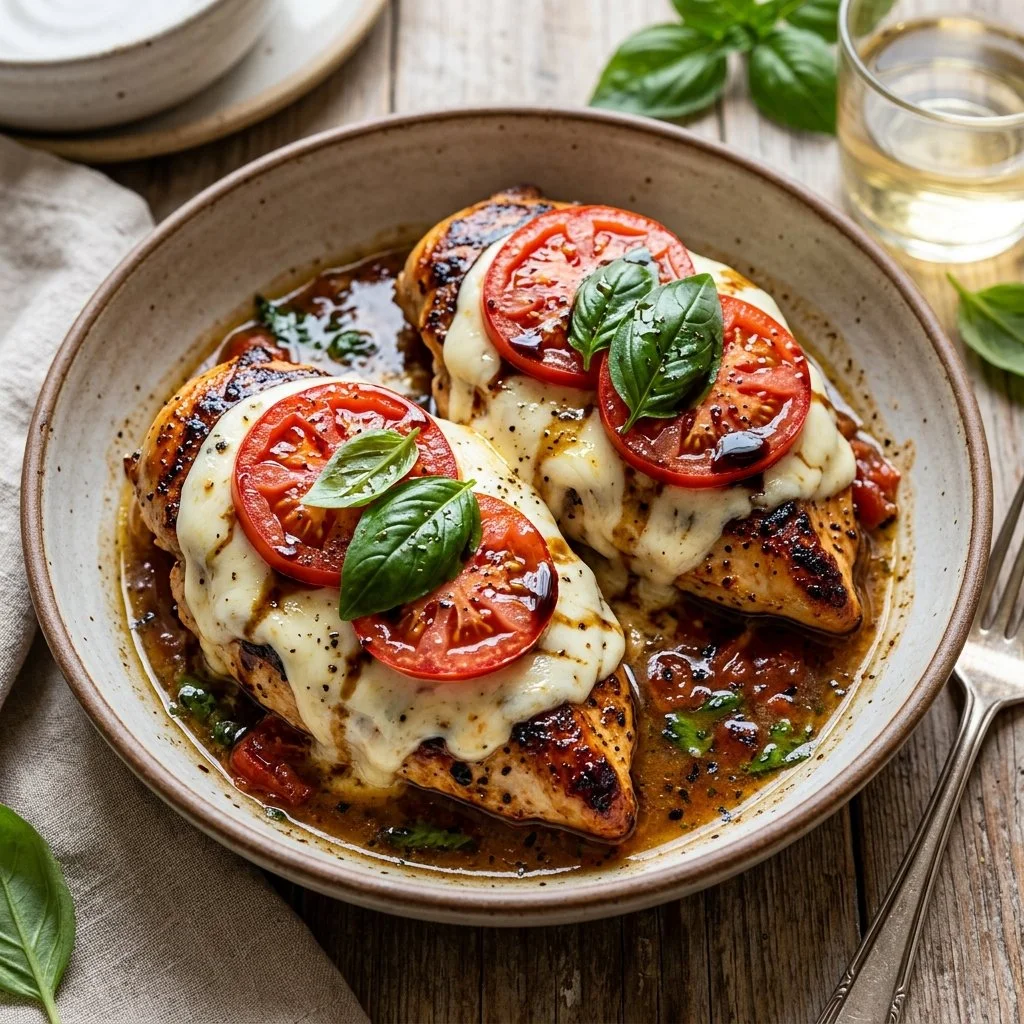 Delicious Caprese Chicken with mozzarella, basil, and cherry tomatoes.