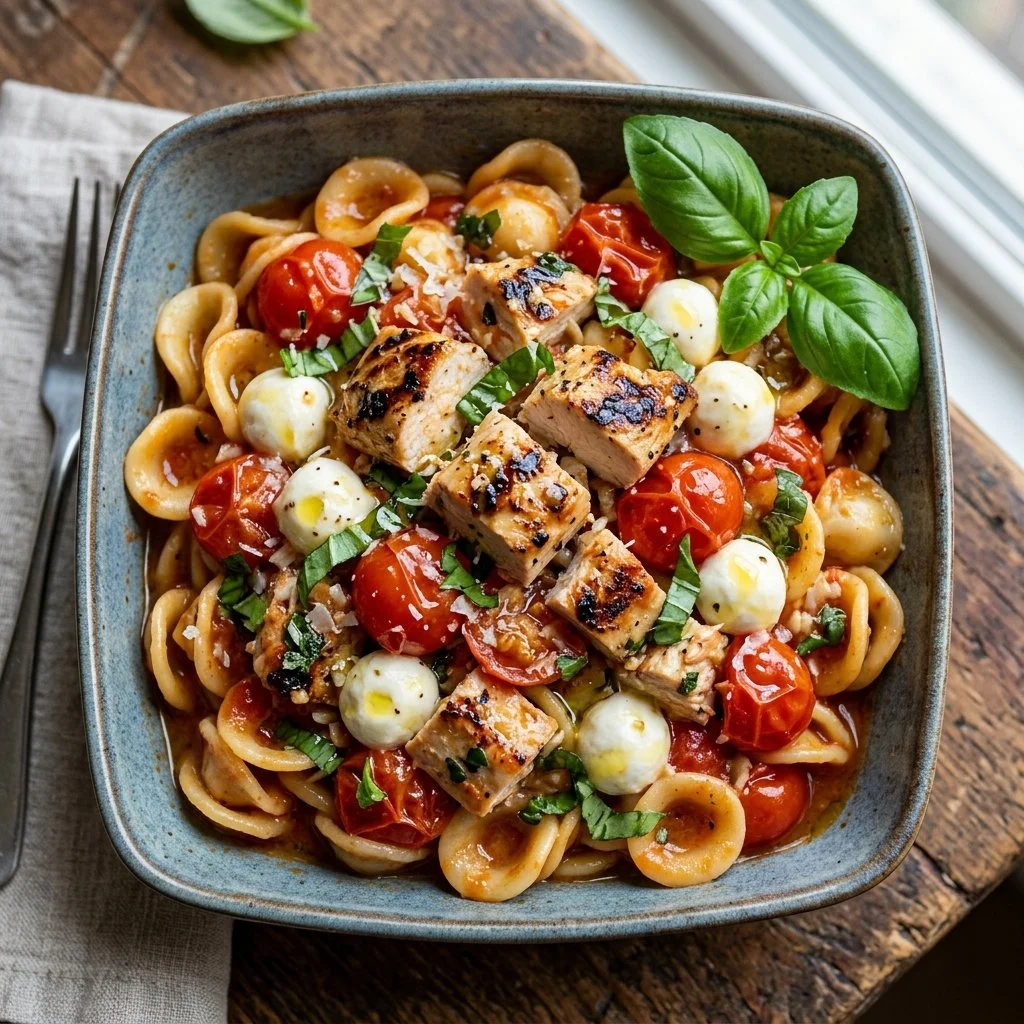 Delicious Caprese Chicken Pasta with tomatoes, basil, and grilled chicken.