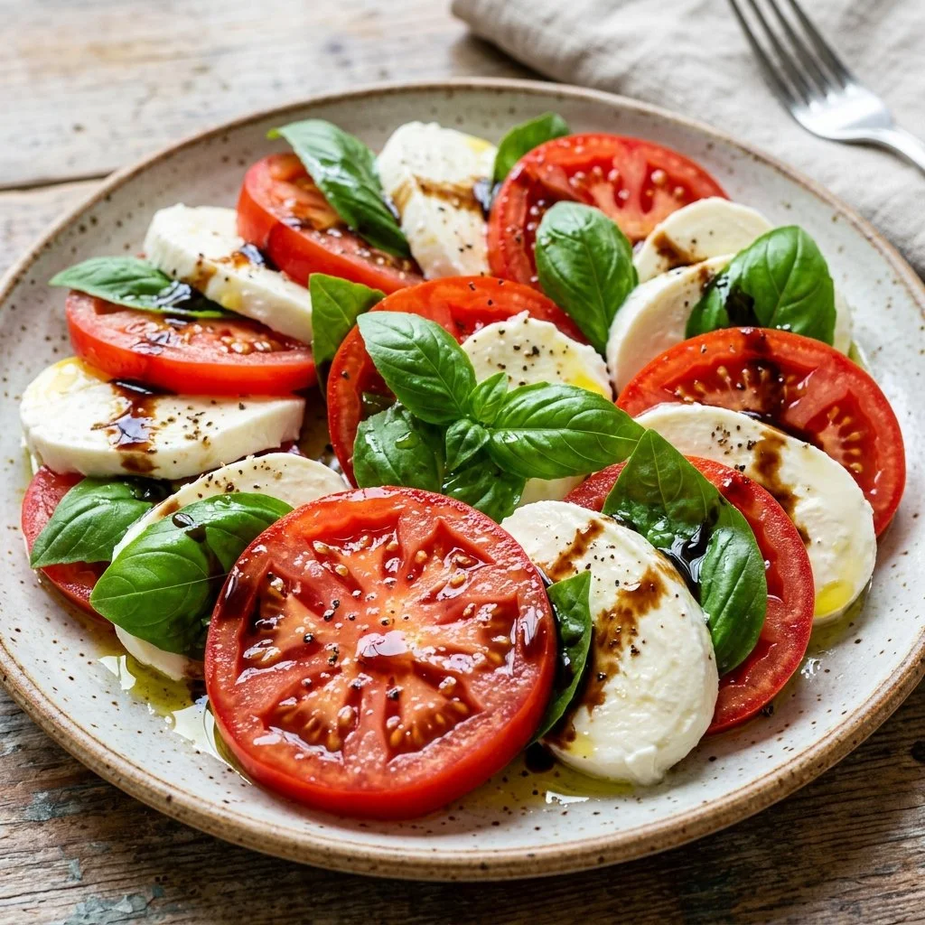 Fresh Caprese Salad with tomatoes, mozzarella, and basil presented on a plate