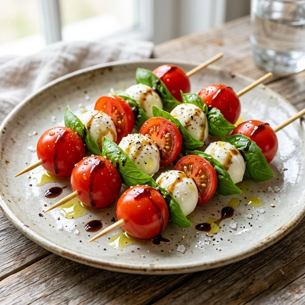 Delicious Caprese Skewers with cherry tomatoes, mozzarella, and basil on a platter