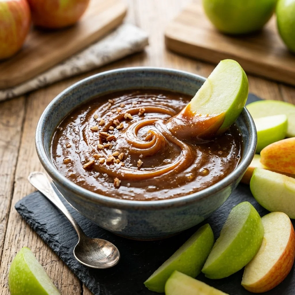 Delicious caramel apple dip served with fresh apple slices