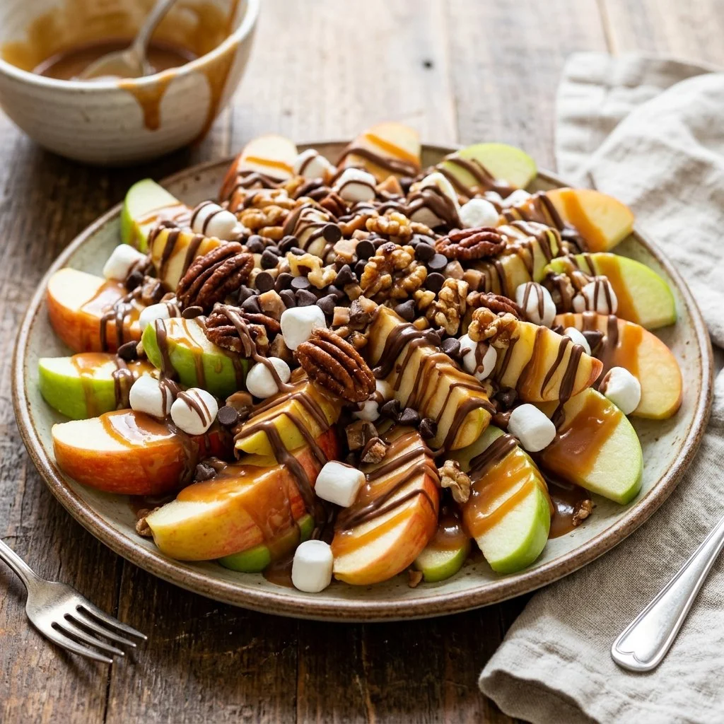Delicious Caramel Apple Nachos with apple slices, caramel drizzle, and toppings