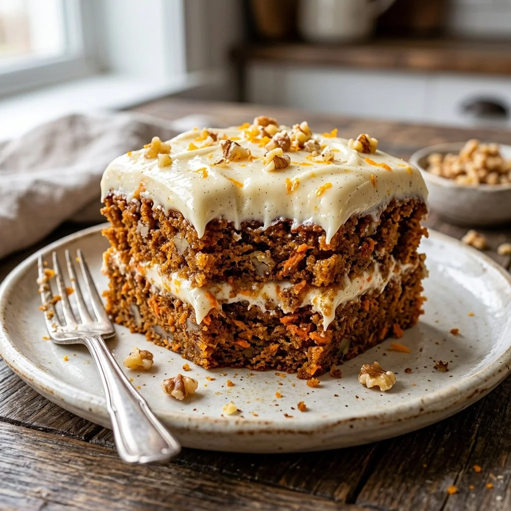 Delicious homemade carrot cake with cream cheese frosting and fresh grated carrots