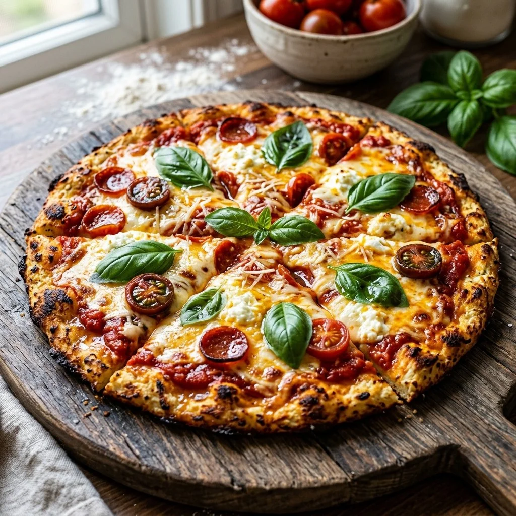 Homemade cauliflower crust pizza topped with fresh vegetables and cheese