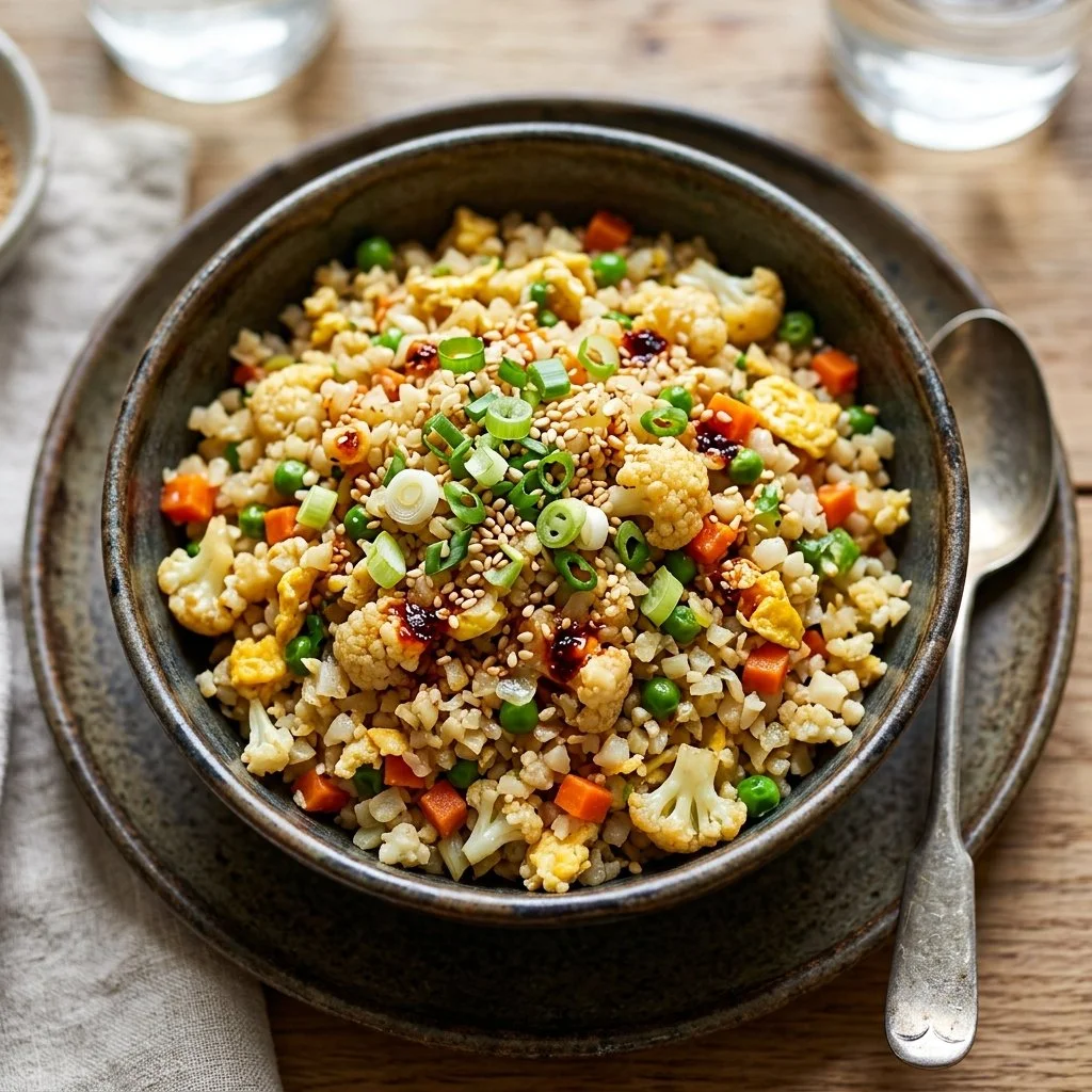 A bowl of cauliflower fried rice garnished with vegetables and herbs.
