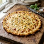 Delicious cauliflower pizza crust topped with fresh ingredients.