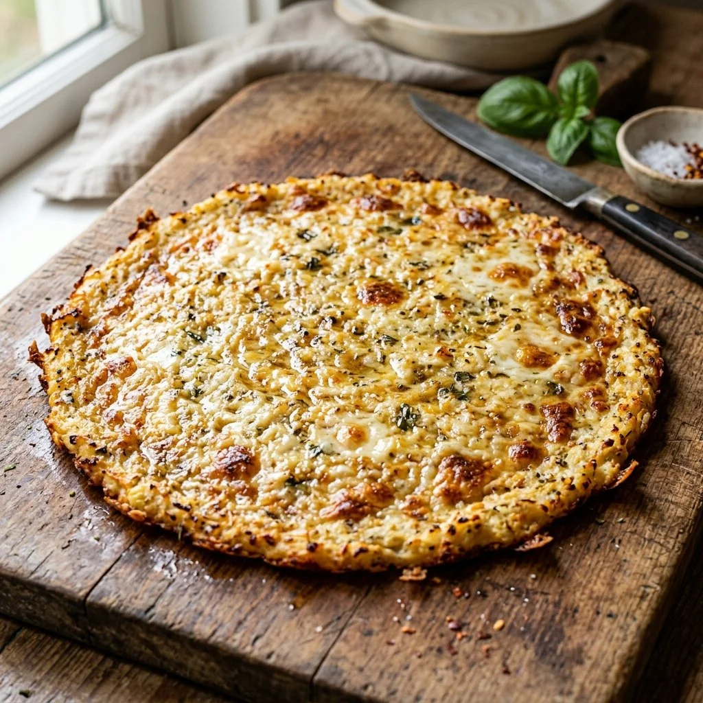 Delicious cauliflower pizza crust topped with fresh ingredients.