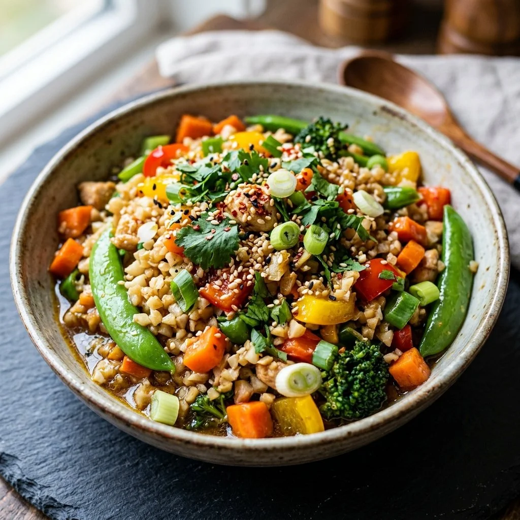 Colorful cauliflower rice stir fry with fresh vegetables in a pan.