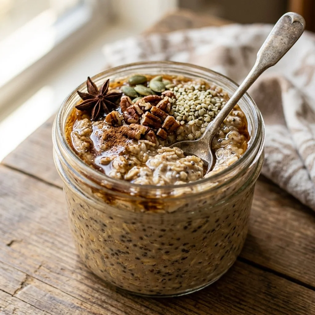 Chai spiced overnight oats topped with cinnamon and nuts for a nutritious breakfast.