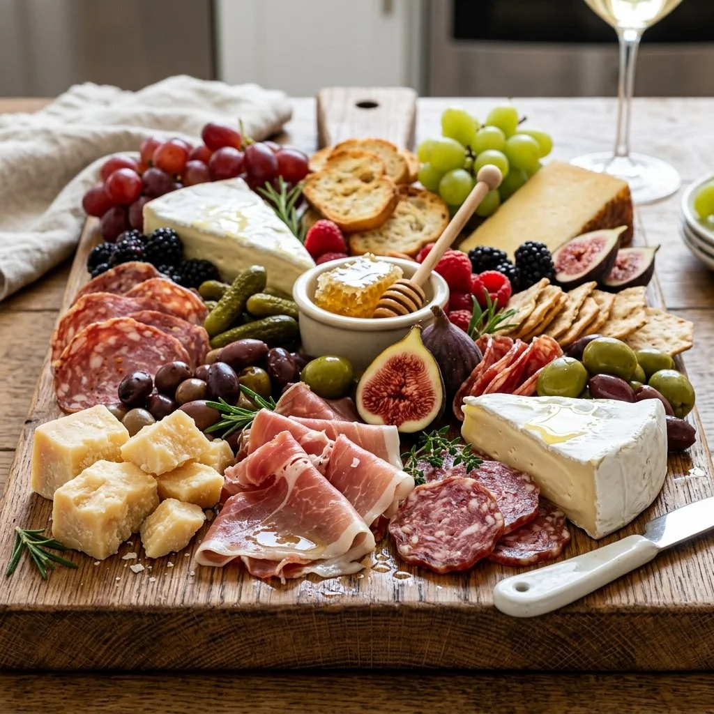 Beautifully arranged charcuterie board with various meats, cheeses, and accompaniments.
