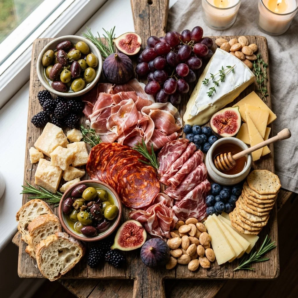 A beautifully arranged charcuterie board with meats, cheeses, and fruits.