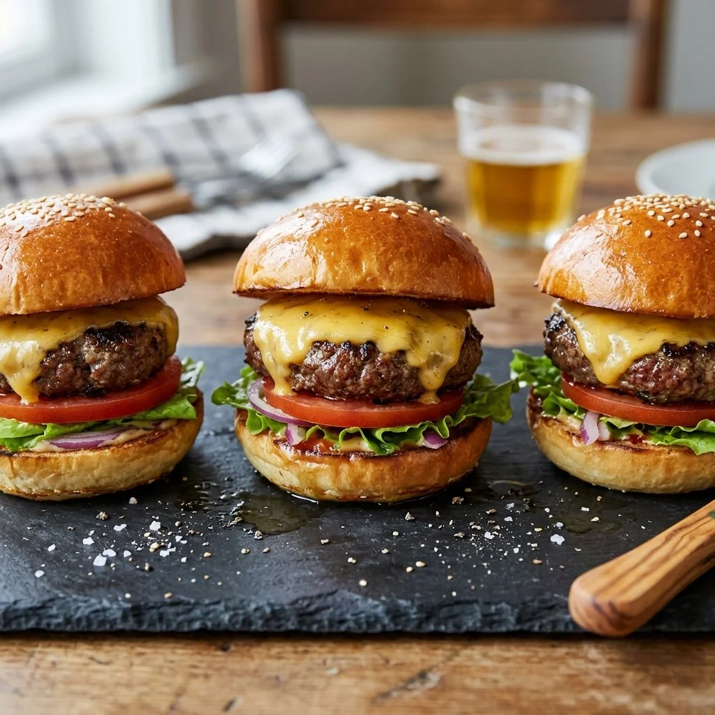 Delicious cheeseburger sliders served on a platter with pickles and condiments.