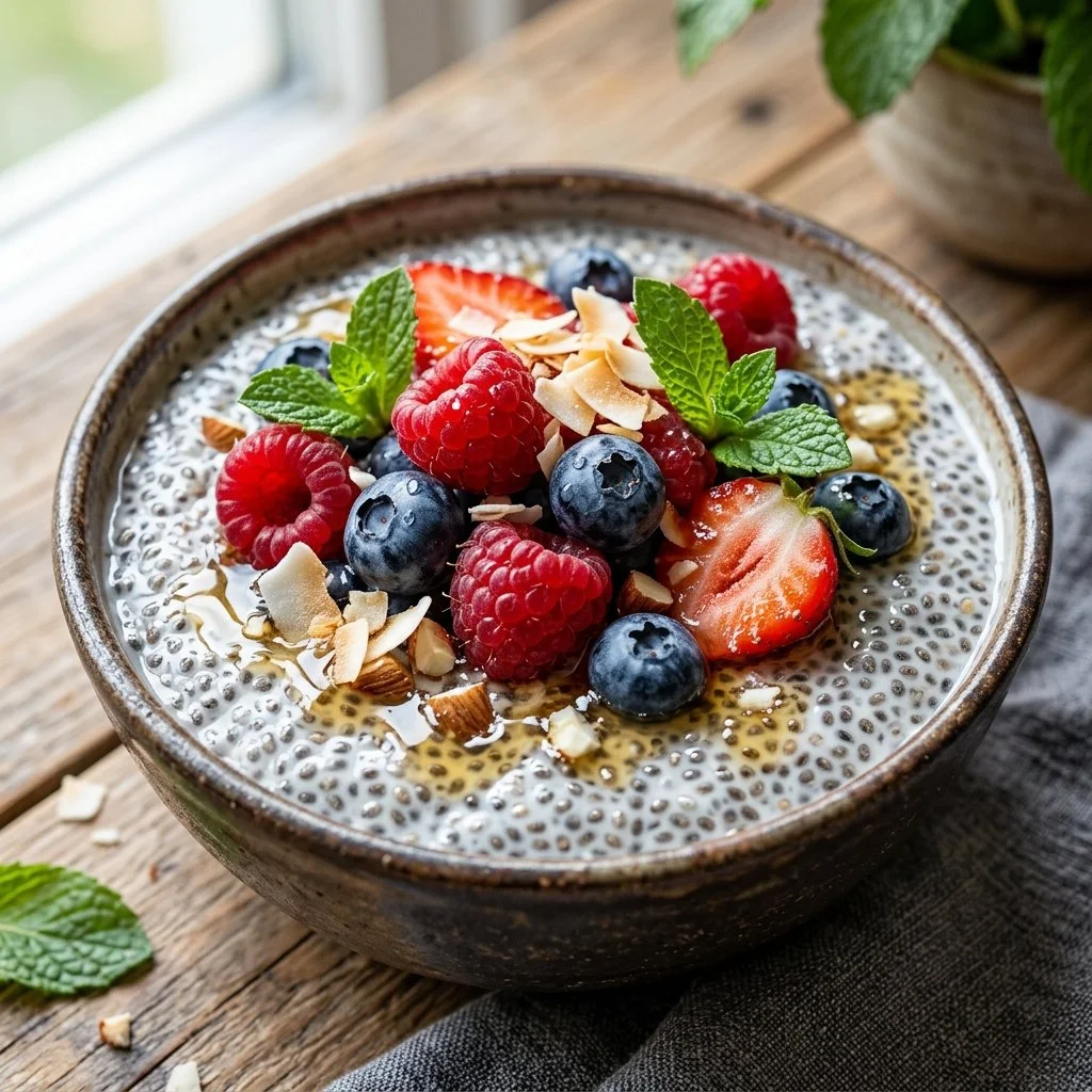 Delicious chia seed pudding topped with fresh fruits and nuts