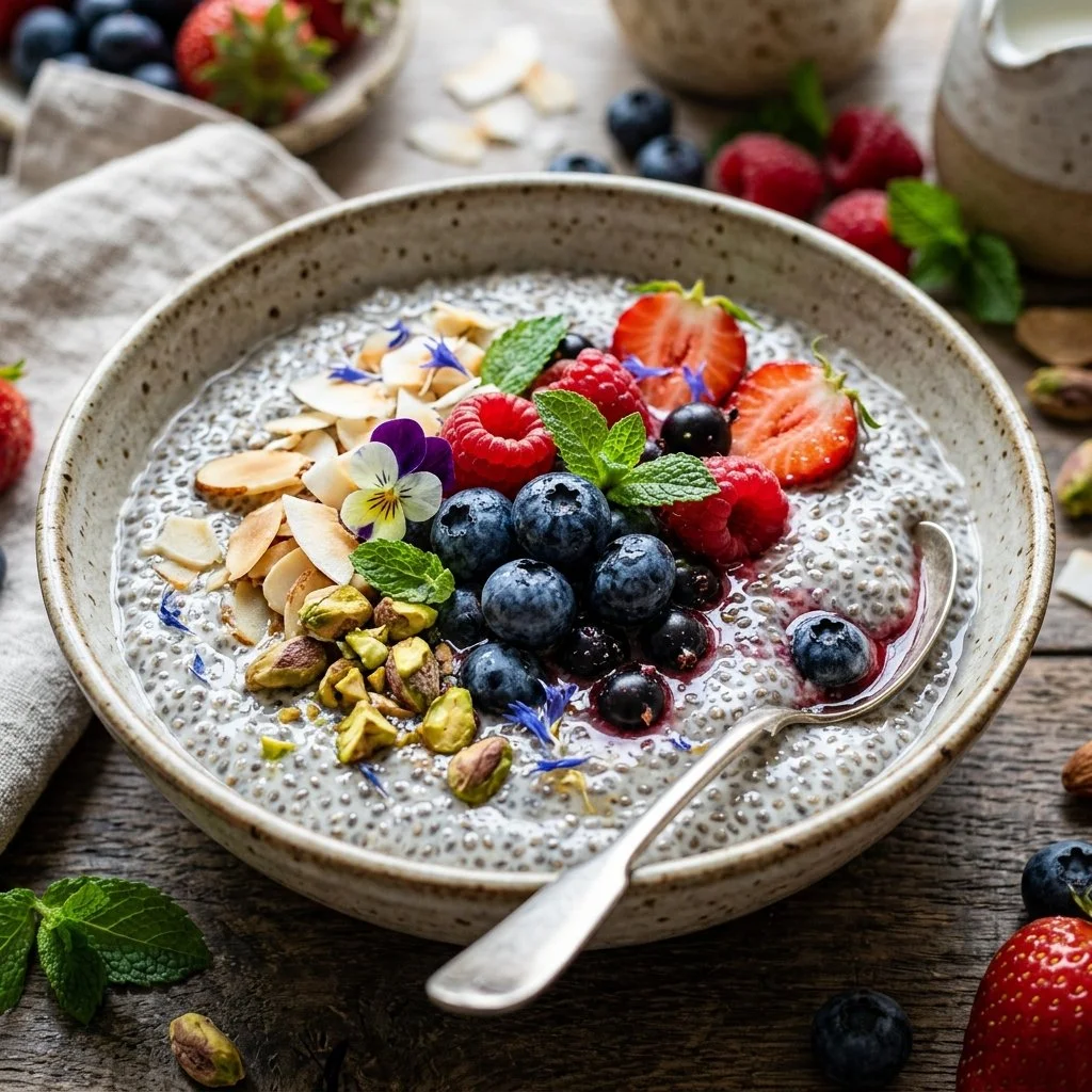 A bowl of creamy chia seed pudding topped with fresh berries and nuts.