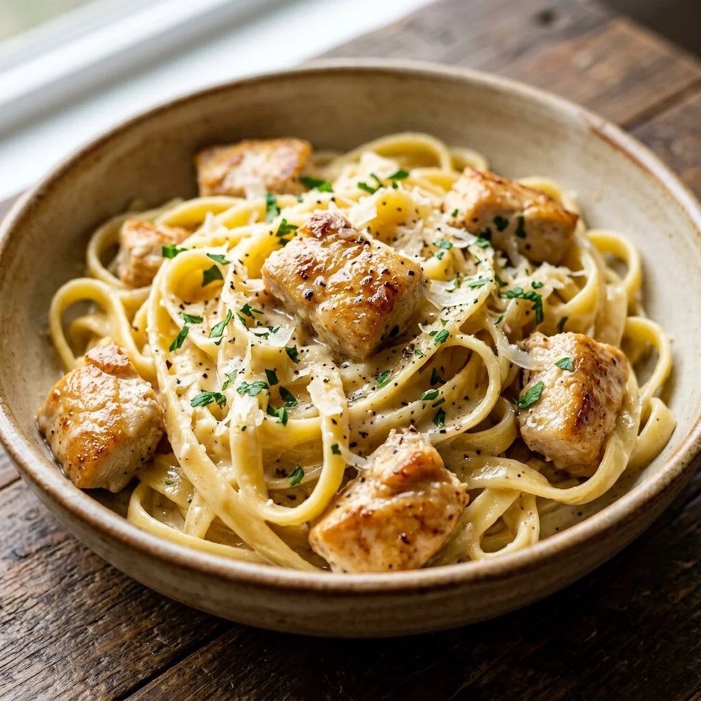 Creamy Chicken Alfredo pasta dish with grilled chicken and parmesan sauce