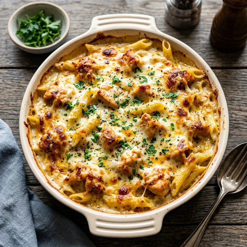 Creamy Chicken Alfredo Bake with pasta and cheese in a baking dish