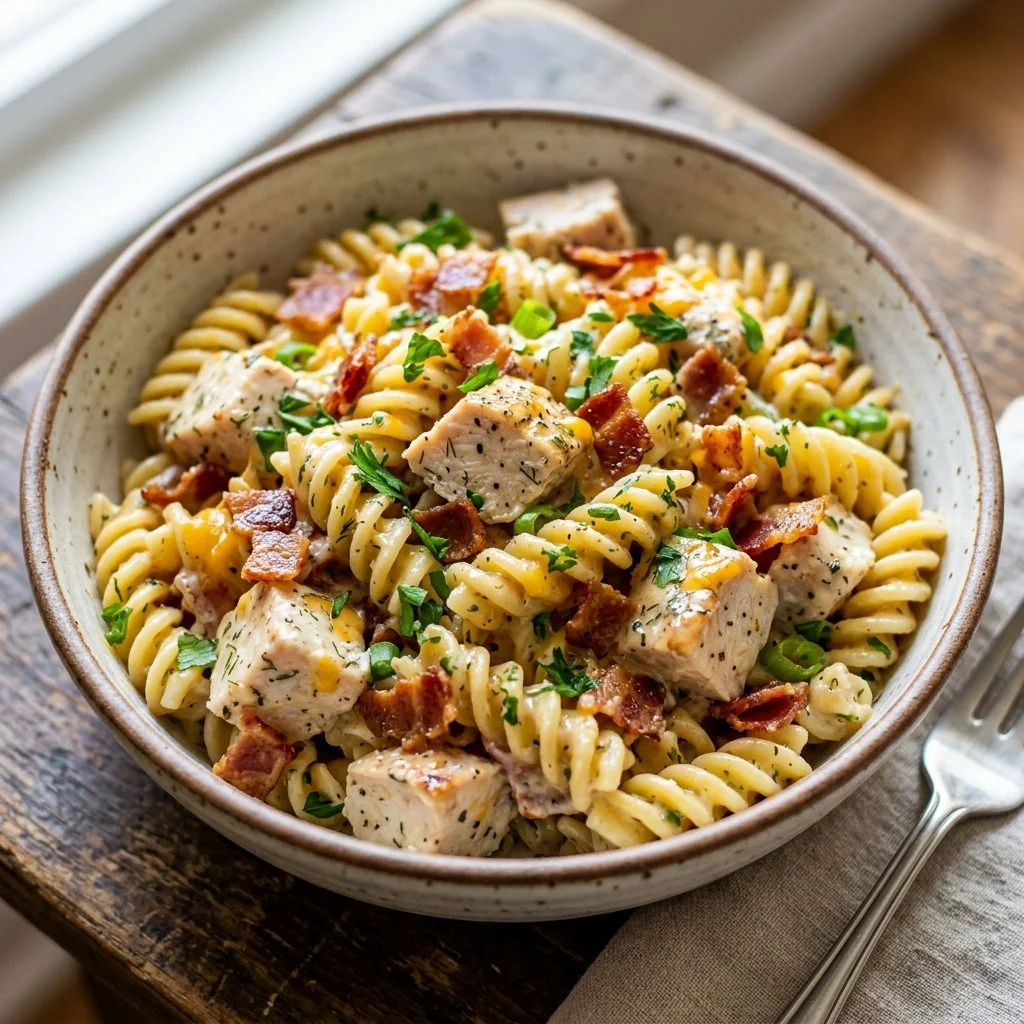 Delicious Chicken Bacon Ranch Pasta with creamy sauce and crispy bacon
