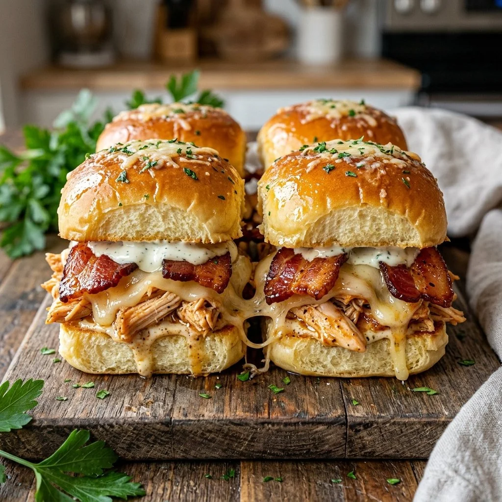 Chicken Bacon Ranch Sliders served on a platter with toppings