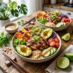 Colorful Chicken Buddha Bowls with vegetables and grains for a healthy meal
