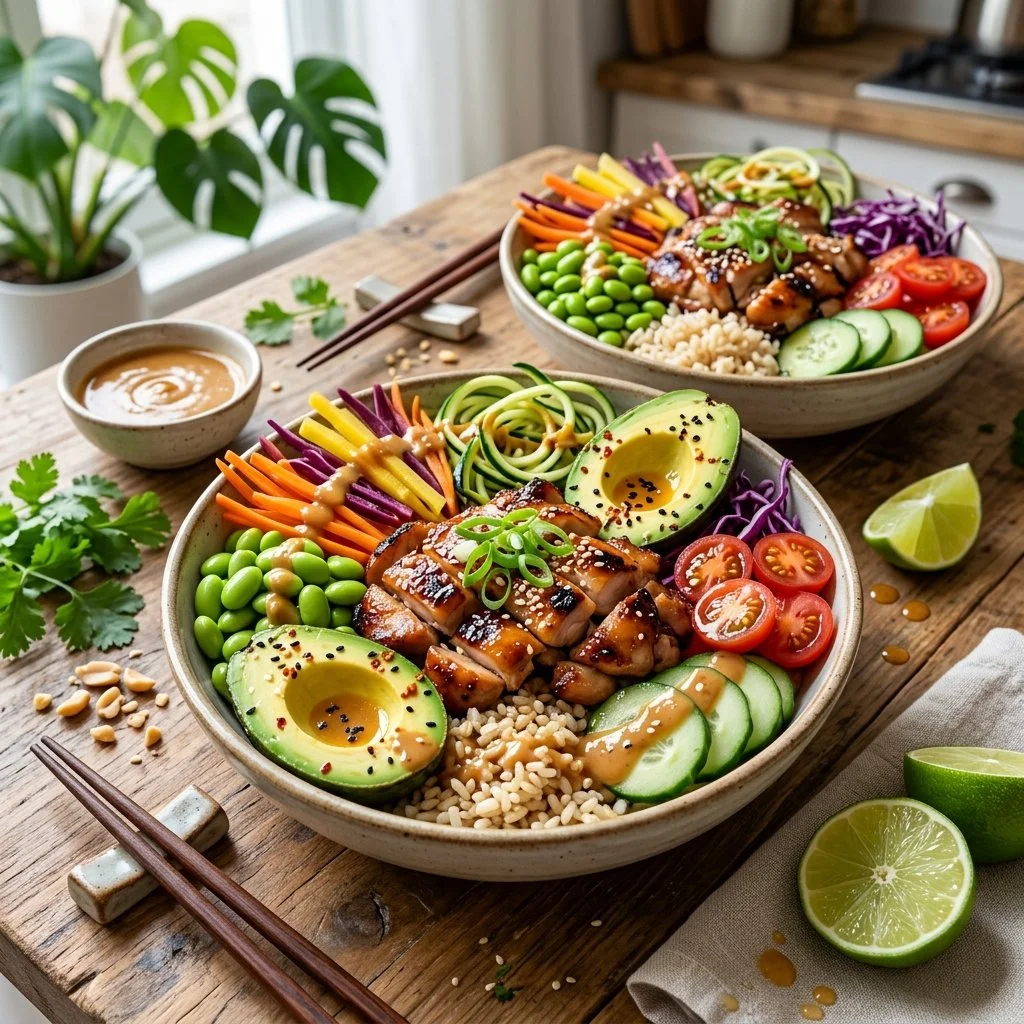 Colorful Chicken Buddha Bowls with vegetables and grains for a healthy meal