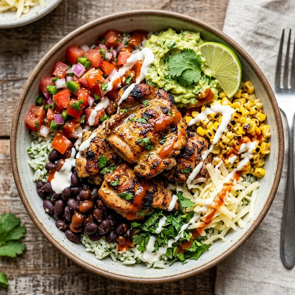 Delicious chicken burrito bowl with fresh ingredients and vibrant colors