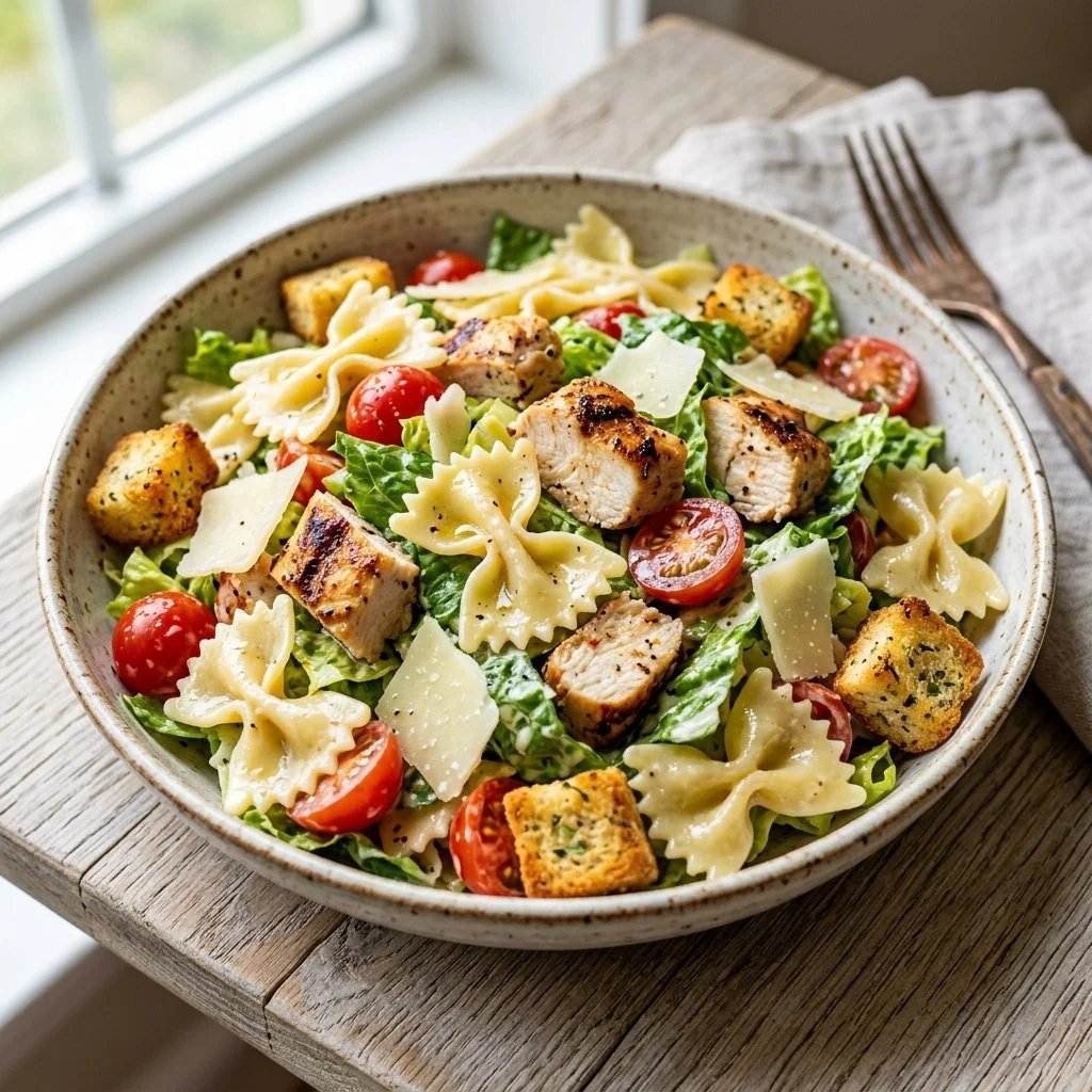 Delicious Chicken Caesar Pasta Salad with romaine, chicken, and Caesar dressing