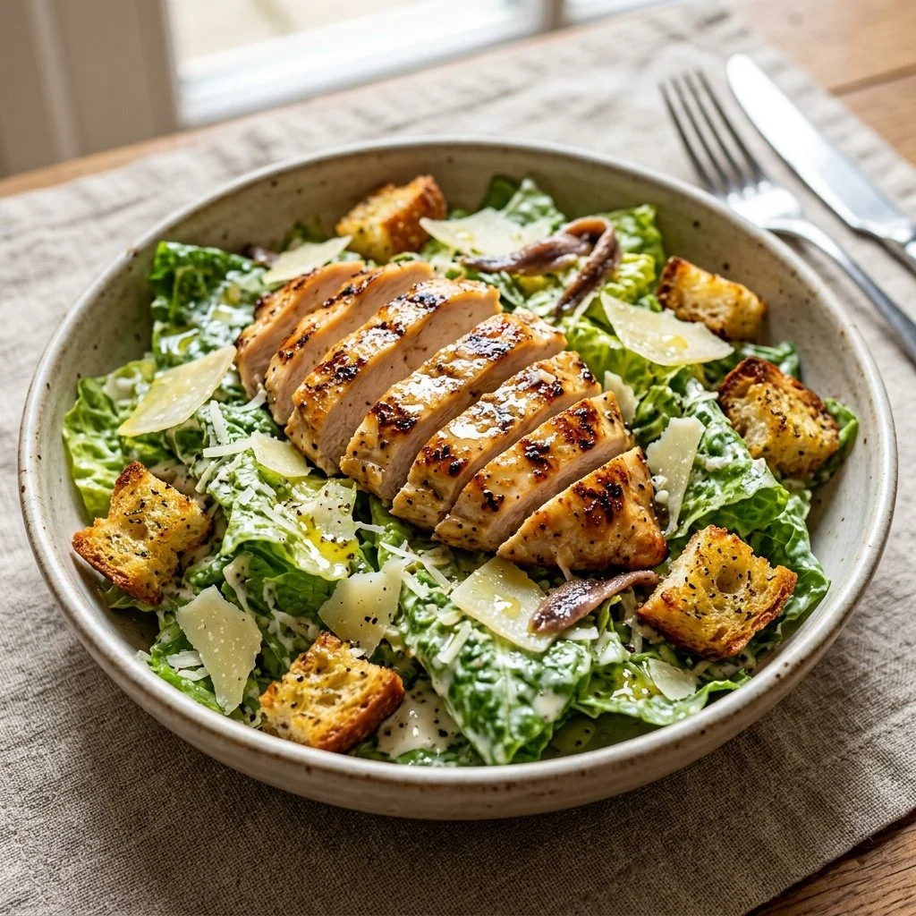 Delicious Chicken Caesar Salad with romaine lettuce and grilled chicken