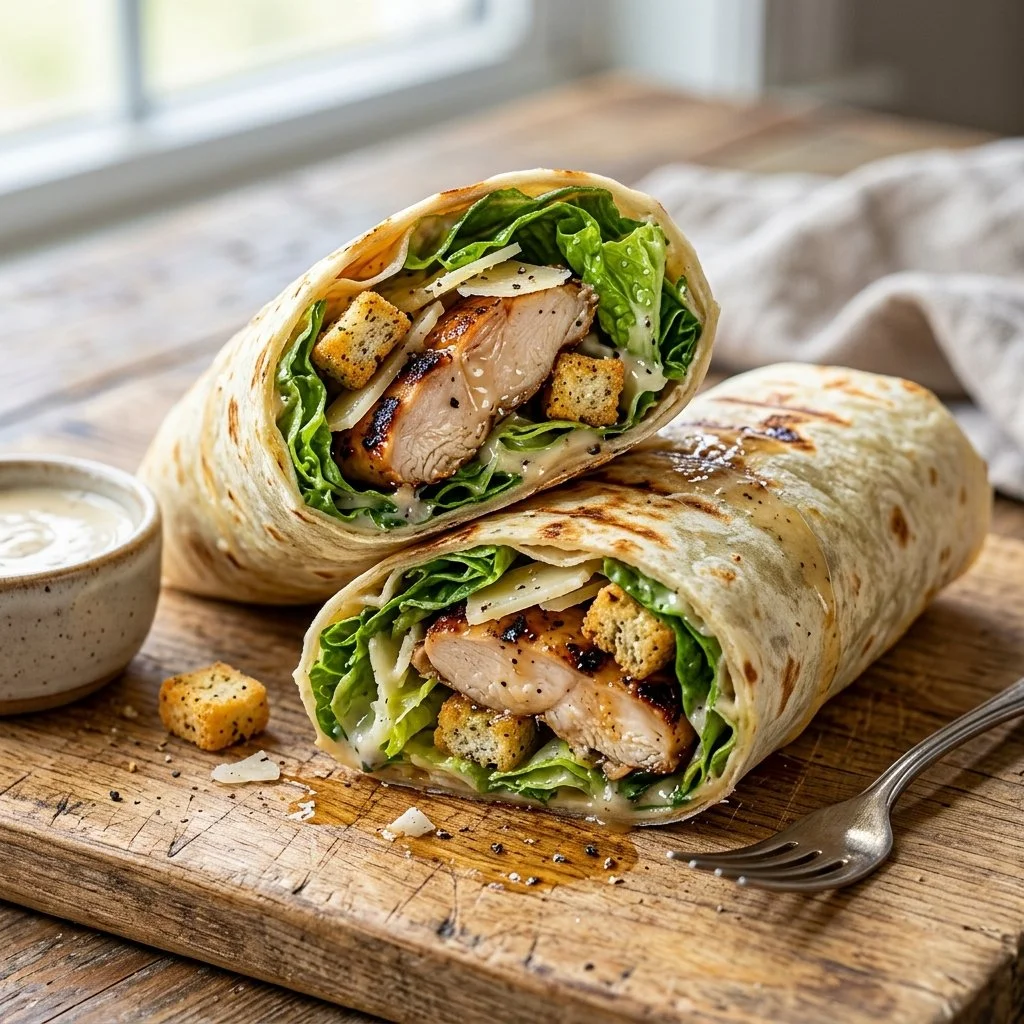 Chicken Caesar Salad Wrap with fresh ingredients and Caesar dressing