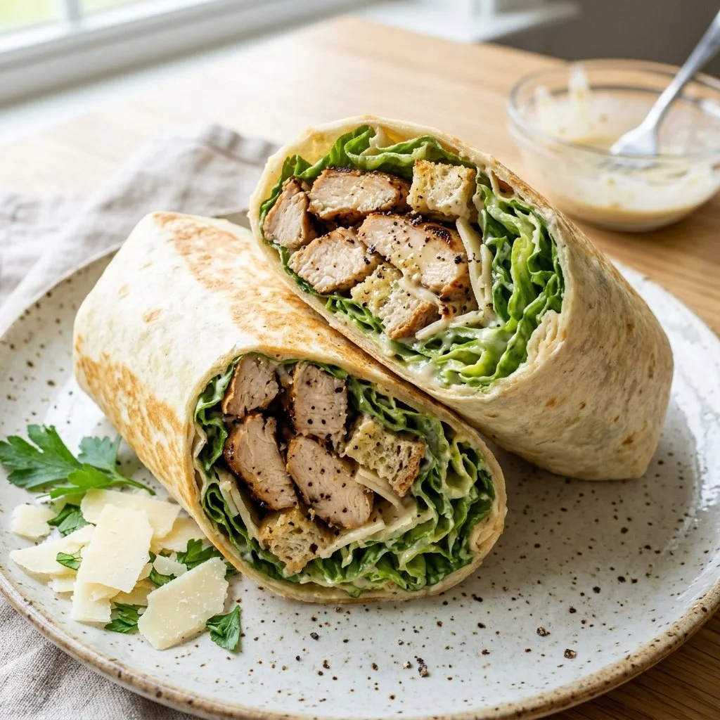 Delicious Chicken Caesar Salad Wrap with grilled chicken and fresh greens