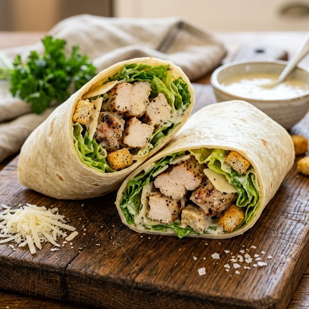 Delicious Chicken Caesar Wraps with grilled chicken and romaine lettuce